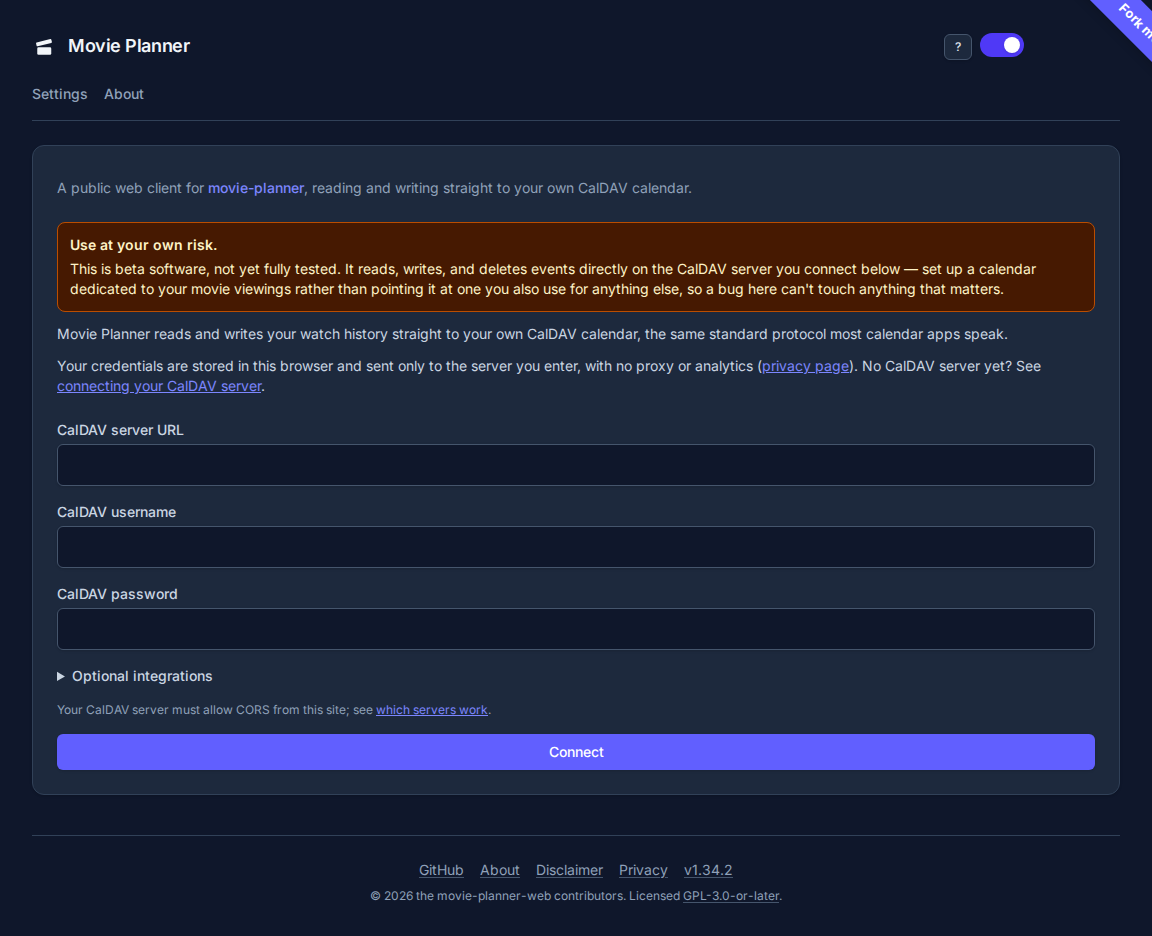 The first-load connect form, in dark mode
