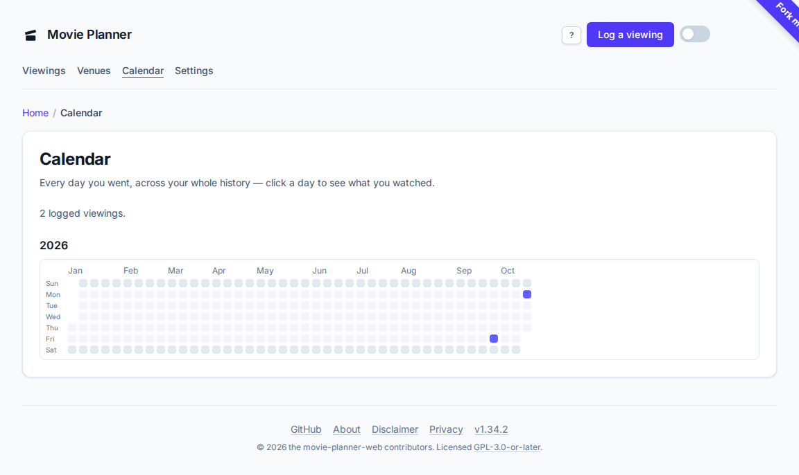 The viewing calendar, with a filled square on each day you went