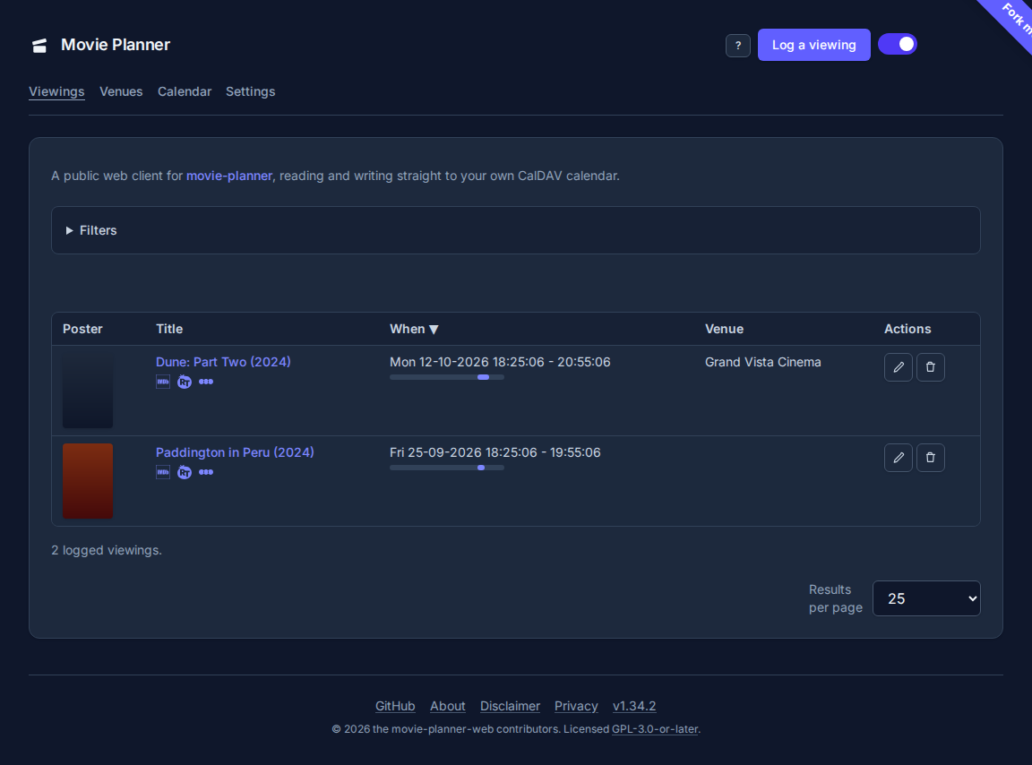 The calendar overview, listing logged viewings with posters and ratings