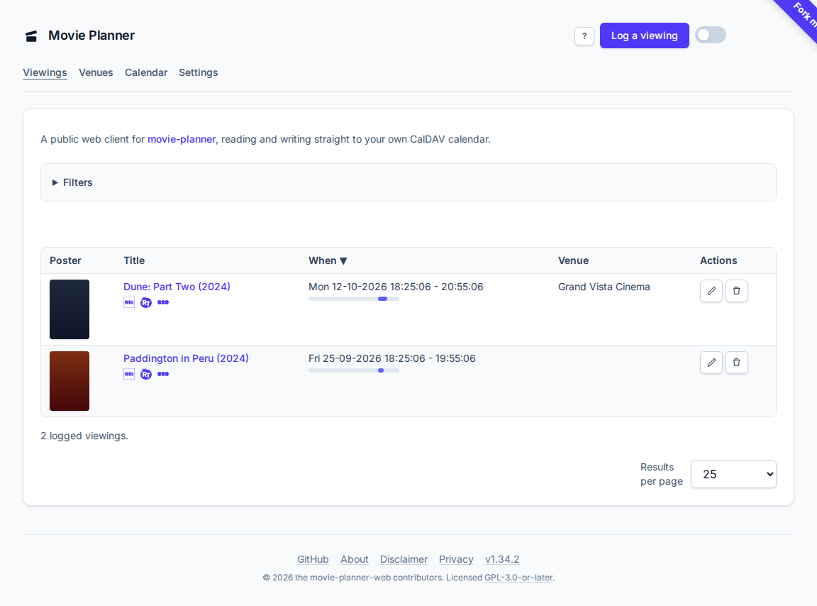 The calendar overview, listing logged viewings with posters and ratings